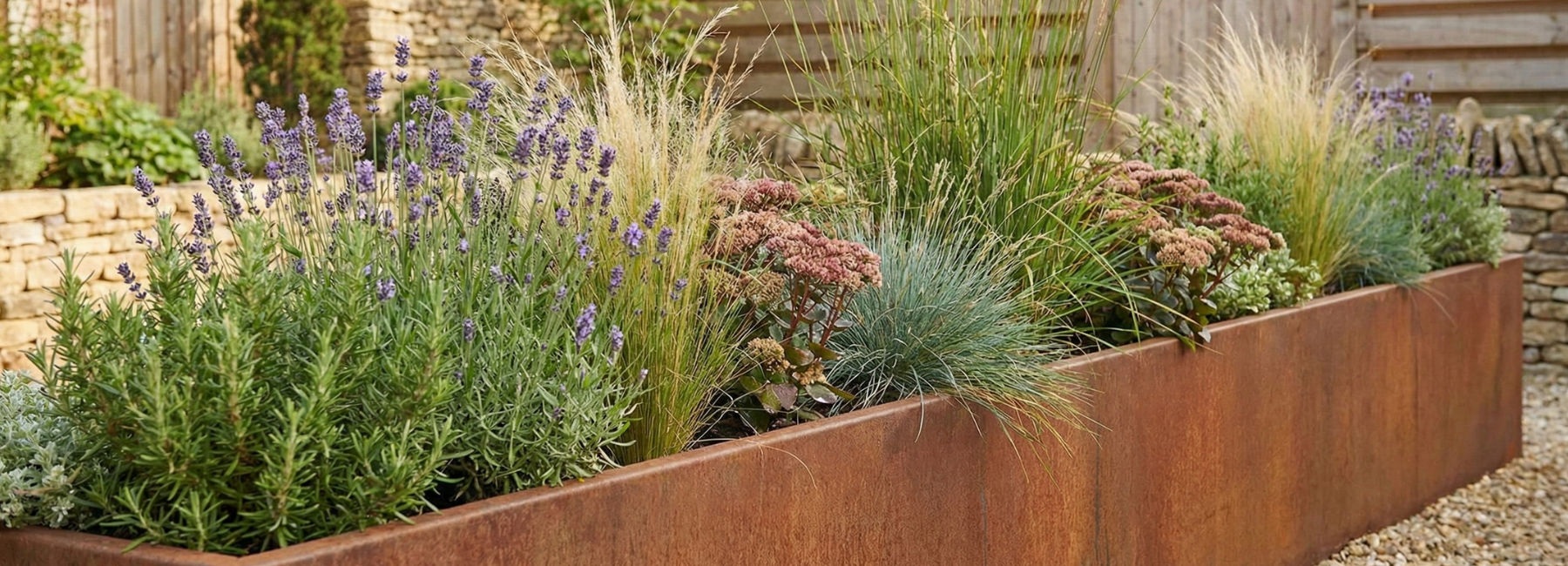 Plantenbak van cortenstaal rijkelijk gevuld met lavendel, siergrassen en diverse planten in een sfeervolle tuin met grind.