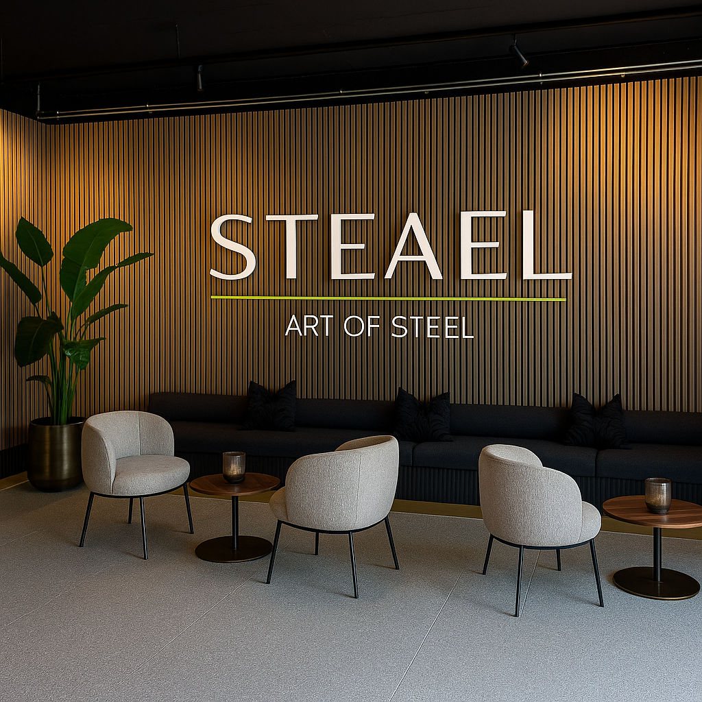 Moderne showroom met de tekst 'Steael Art of Steel' op een wand van houten latten en een sfeervolle zithoek met grijze stoelen.