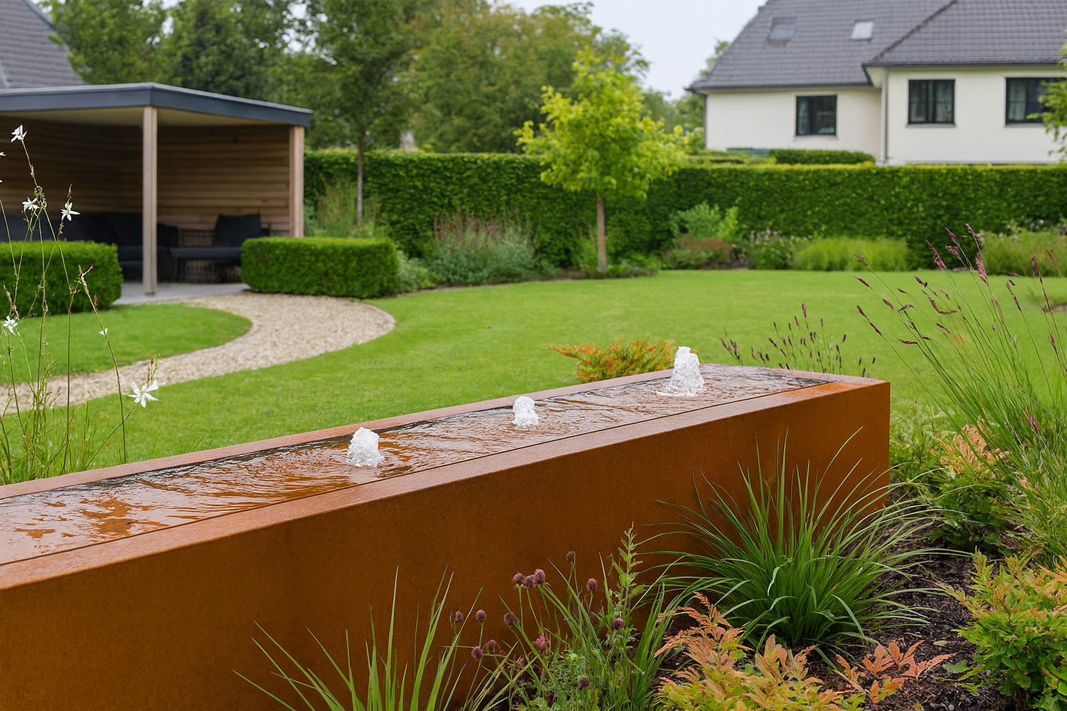 Een langwerpige, roestkleurige cortenstaal watertafel met drie kabbelende fonteintjes vormt een centraal element in een strak aangelegde tuin met gazon en overkapping.