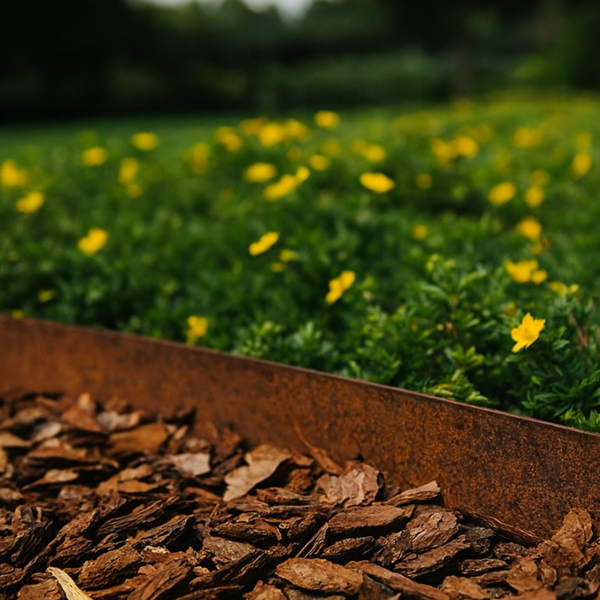 Een close-up van een cortenstalen plantenbak in een tuin, gevuld met groene planten en kleine gele bloemen, grenzend aan houtsnippers.