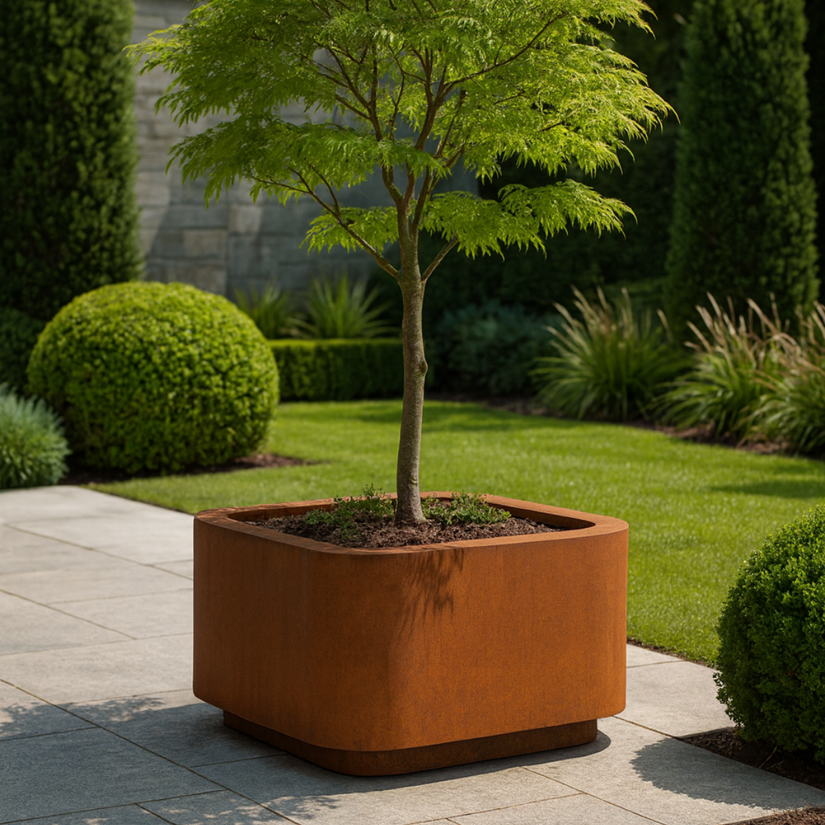 Een cortenstaal plantenbak gevuld met een kleine boom in een tuin.