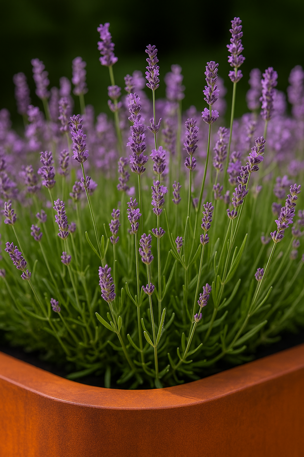 Een cortenstaal plantenbak gevuld met paarse lavendel in een tuin.