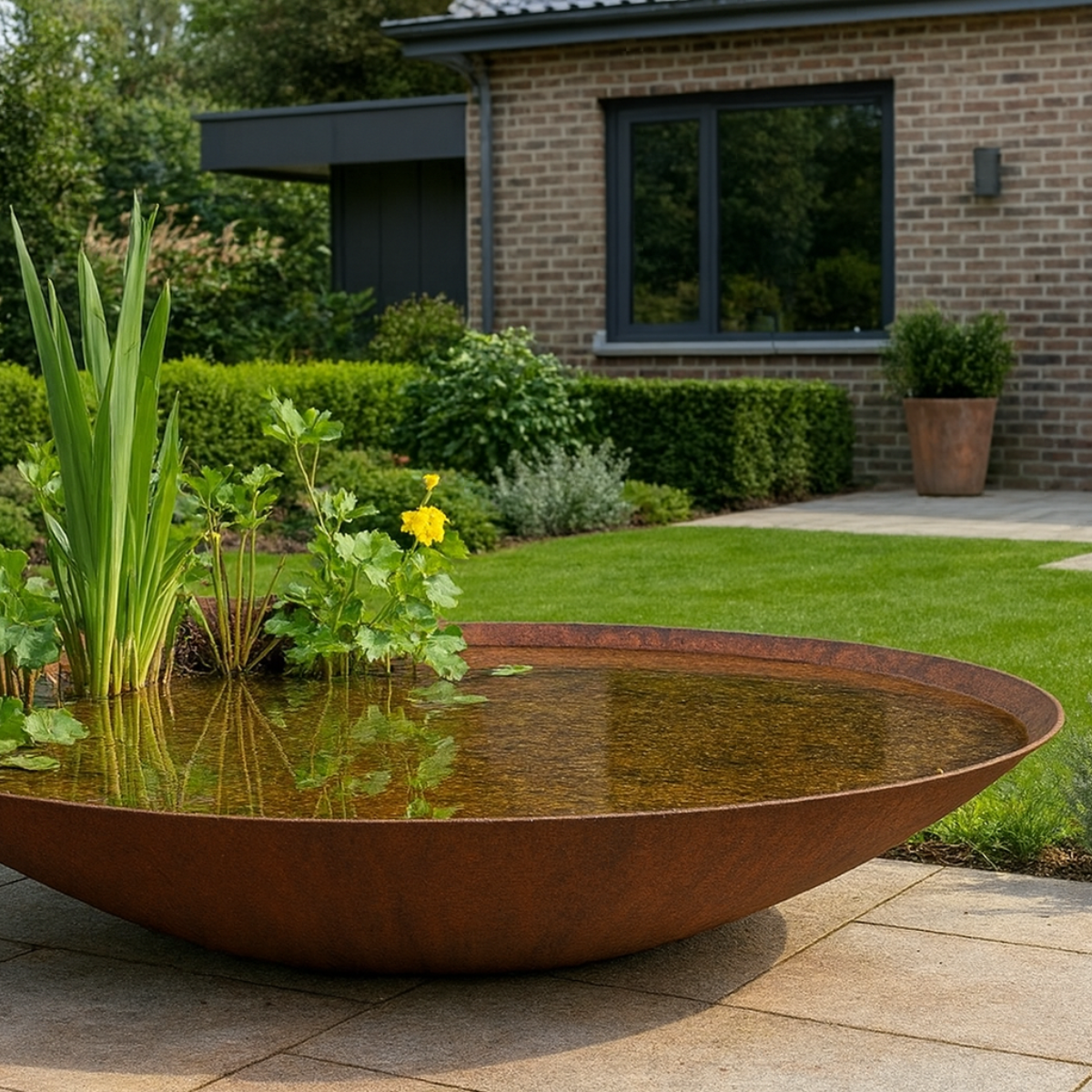 Een waterschaal van cortenstaal, gevuld met water en beplant met waterplanten waaronder gele bloemen, staat op een betegeld terras in een moderne tuin.
