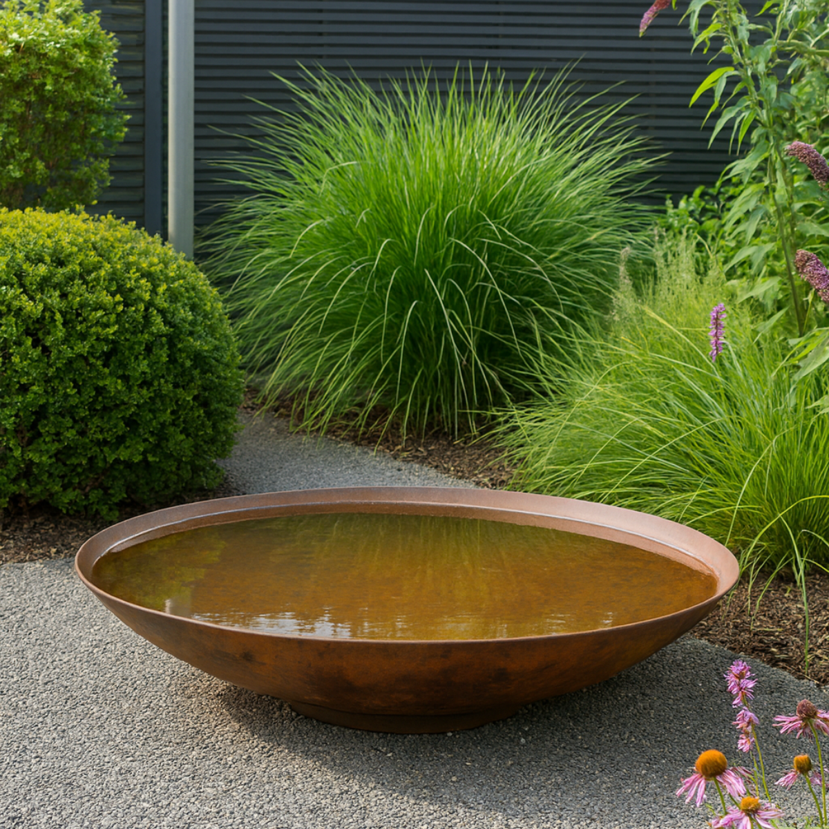 Cortenstalen watertafel gevuld met water in een tuin met grijs grind, omringd door groene beplanting en roze bloemen.