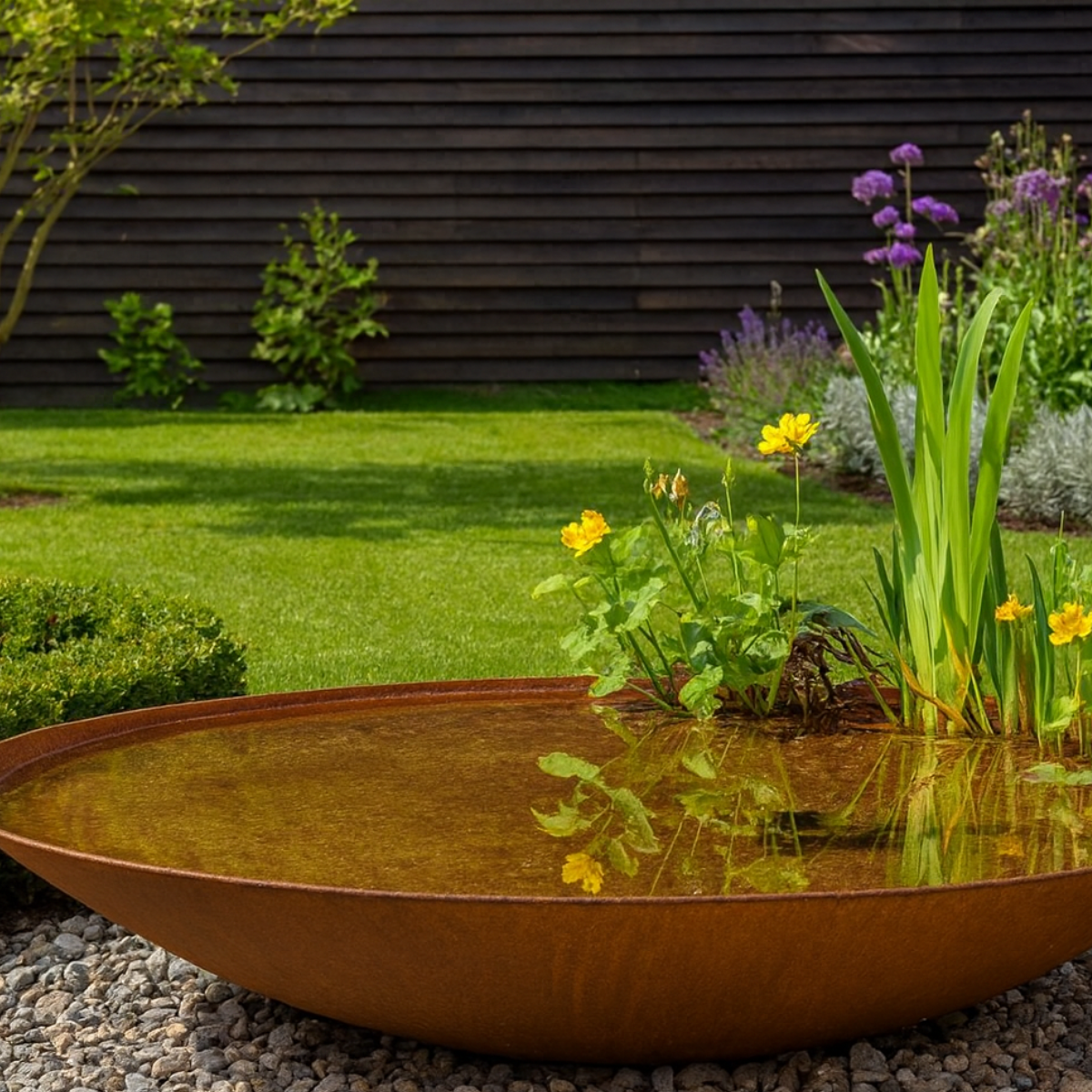 Waterschaal van cortenstaal gevuld met water en beplant met waterplanten en gele bloemen in een sfeervolle tuin met grind.