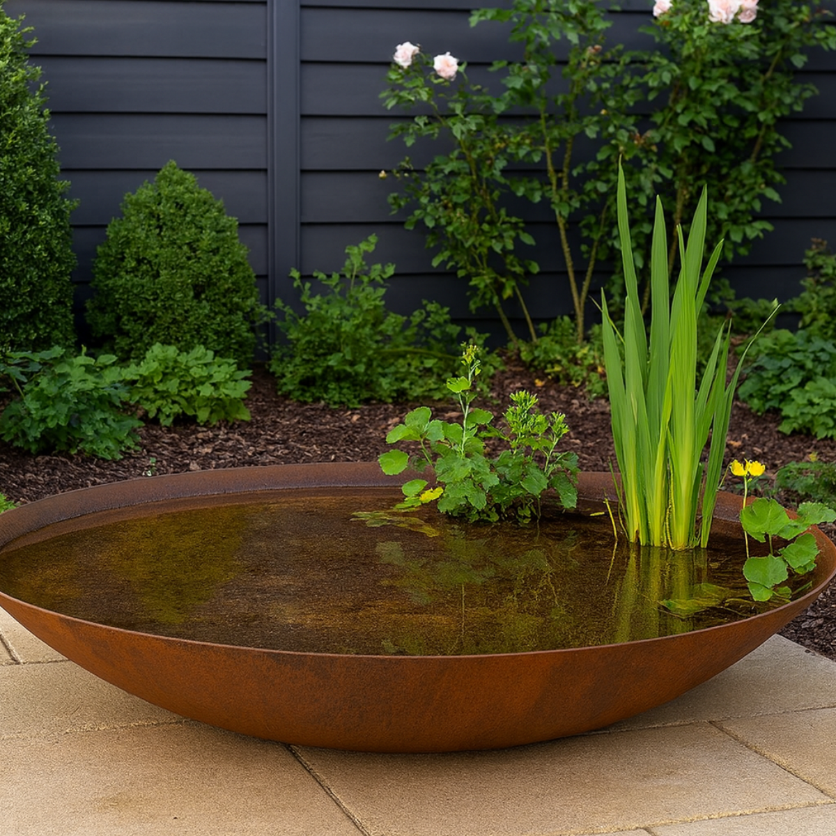 Waterschaal van cortenstaal gevuld met water en waterplanten op een betegeld terras in een sfeervolle tuin met een zwarte schutting.