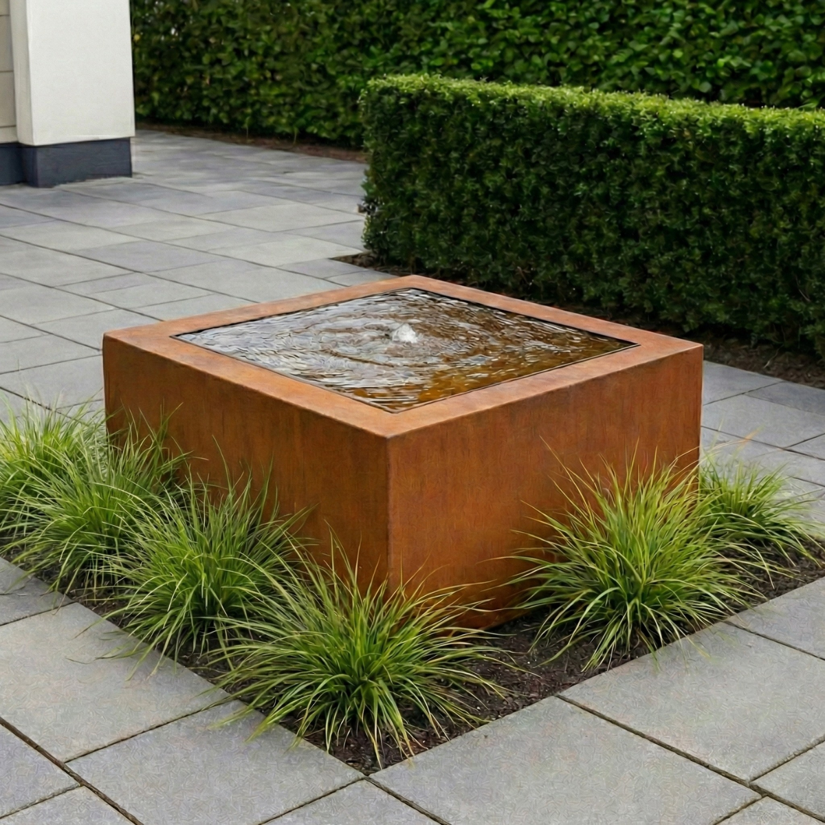 Vierkante Cortenstalen watertafel met fontein op een modern terras met siergrassen.