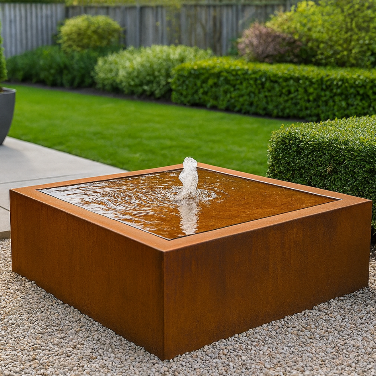 Een vierkante roestkleurige watertafel met een klein fonteintje staat op een bed van grind in een groene tuin.