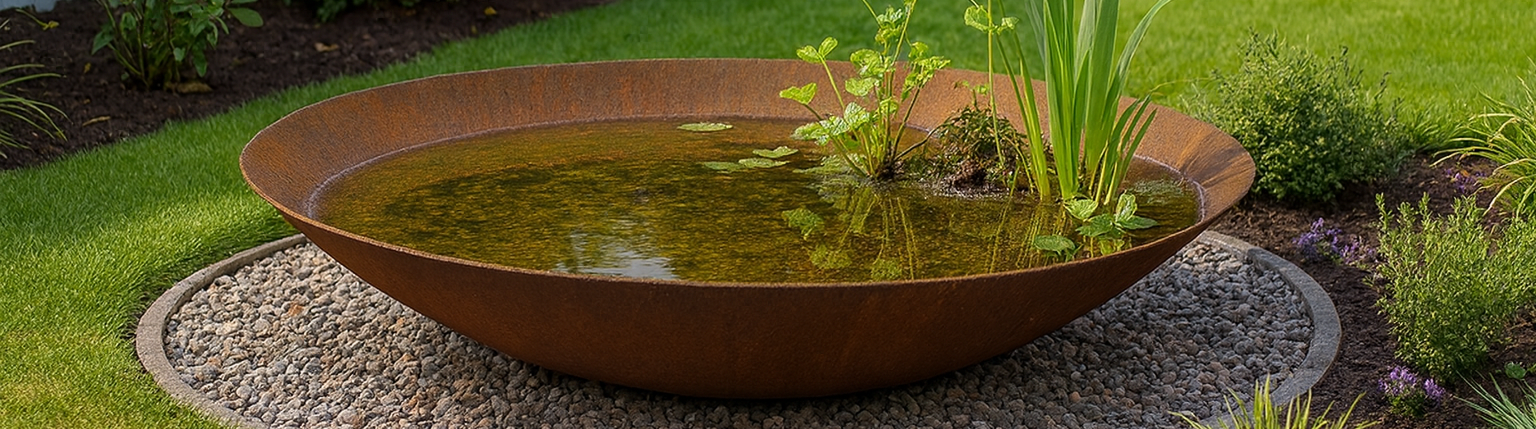 Een grote, roestkleurige cortenstaal waterschaal met waterplanten staat op een cirkelvormig grindbed in een weelderige, groene tuin.