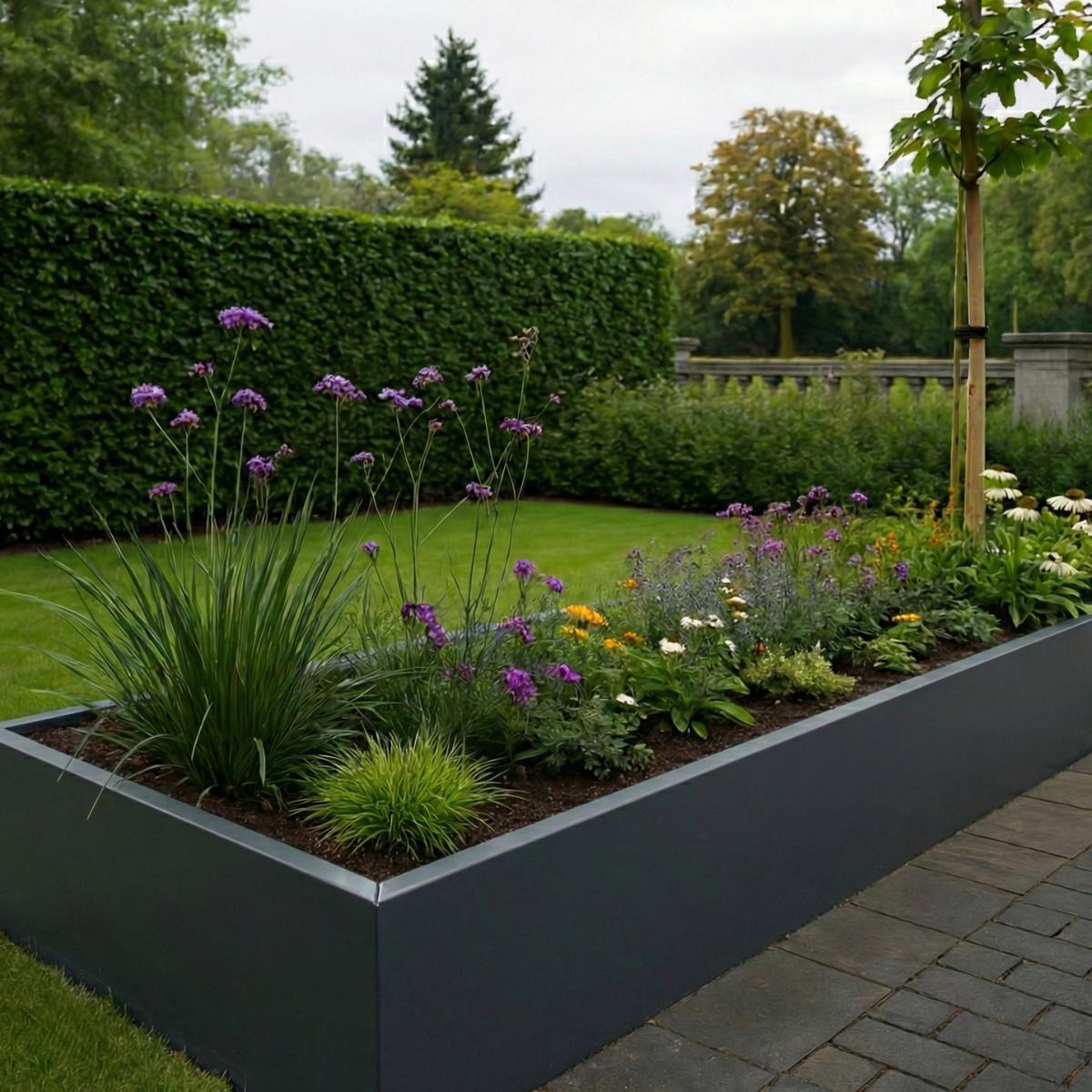 Lange plantenbak met paarse Verbena en witte zonnehoed in een tuin met een groen gazon en een strak pad.