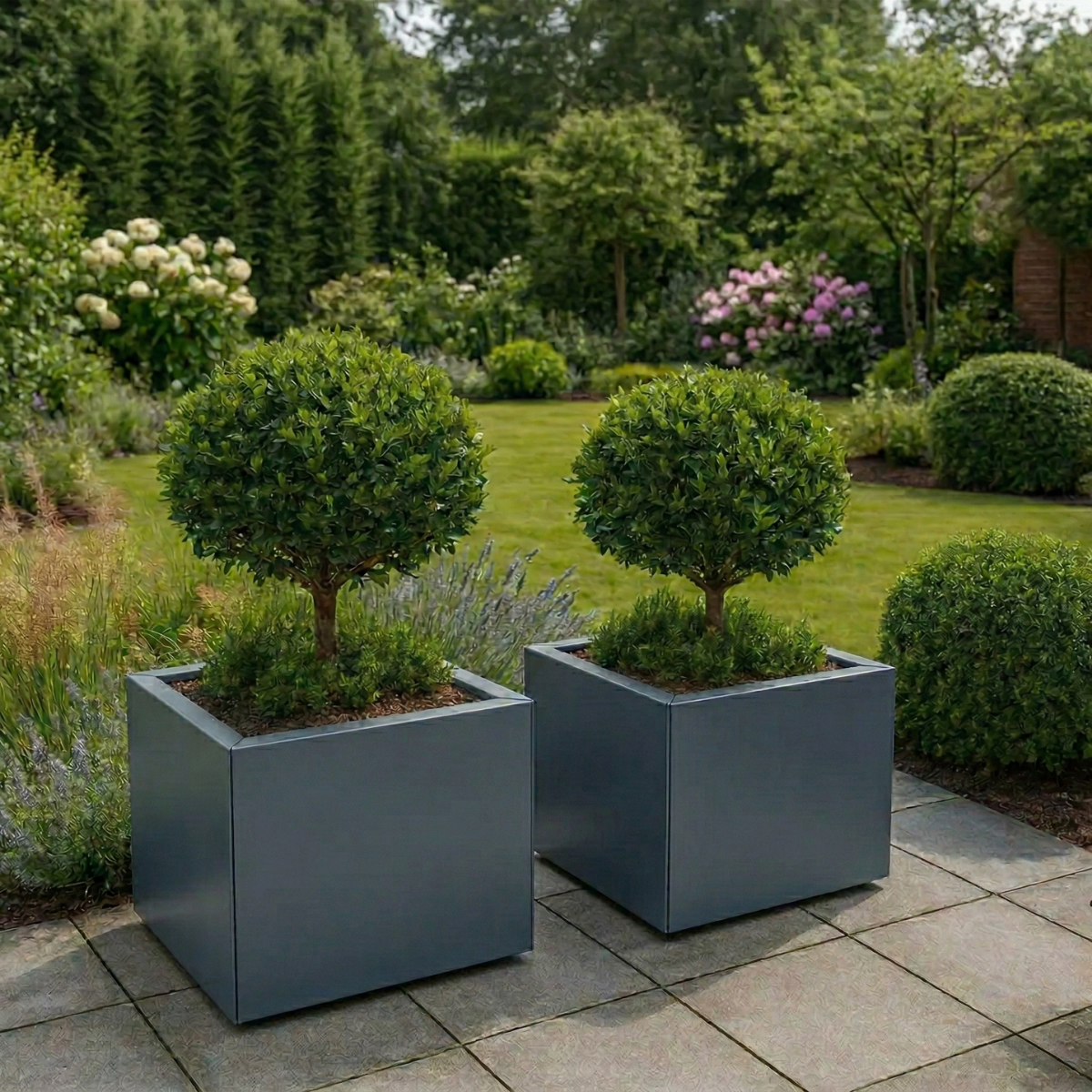 Vierkante antracietgrijze plantenbak met een slank groen boompje op een betegeld terras in een sfeervolle tuin.