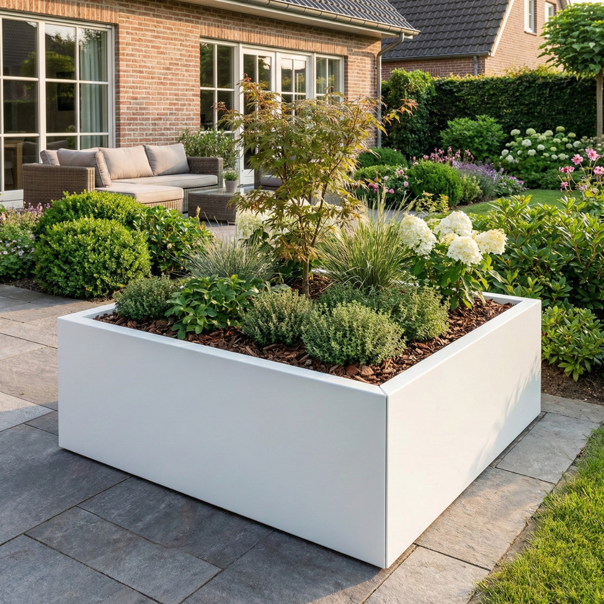 Witte plantenbak gevuld met een Japanse esdoorn, hortensia's en siergrassen op een modern betegeld terras in de tuin.