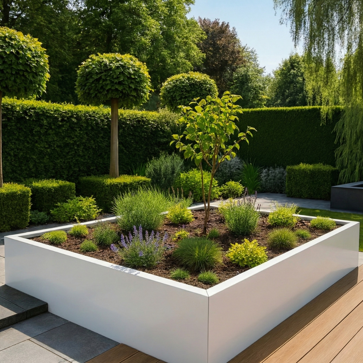 Grote witte rechthoekige plantenbak gevuld met siergrassen, lavendel en een klein boompje in een moderne tuin met een houten vlonder.