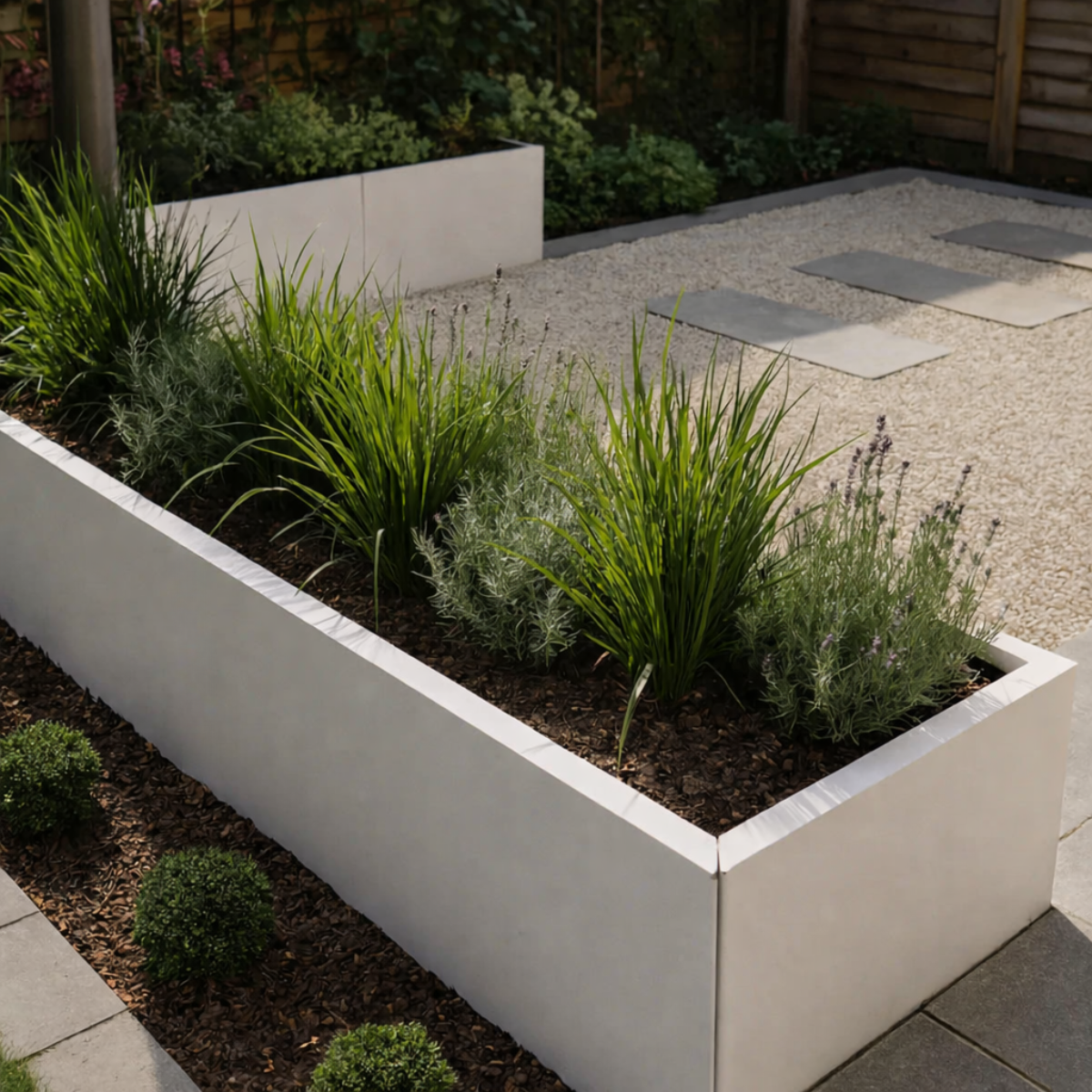 Lange witte plantenbak gevuld met lavendel en siergrassen in een moderne tuin met een grindpad en grijze staptegels.