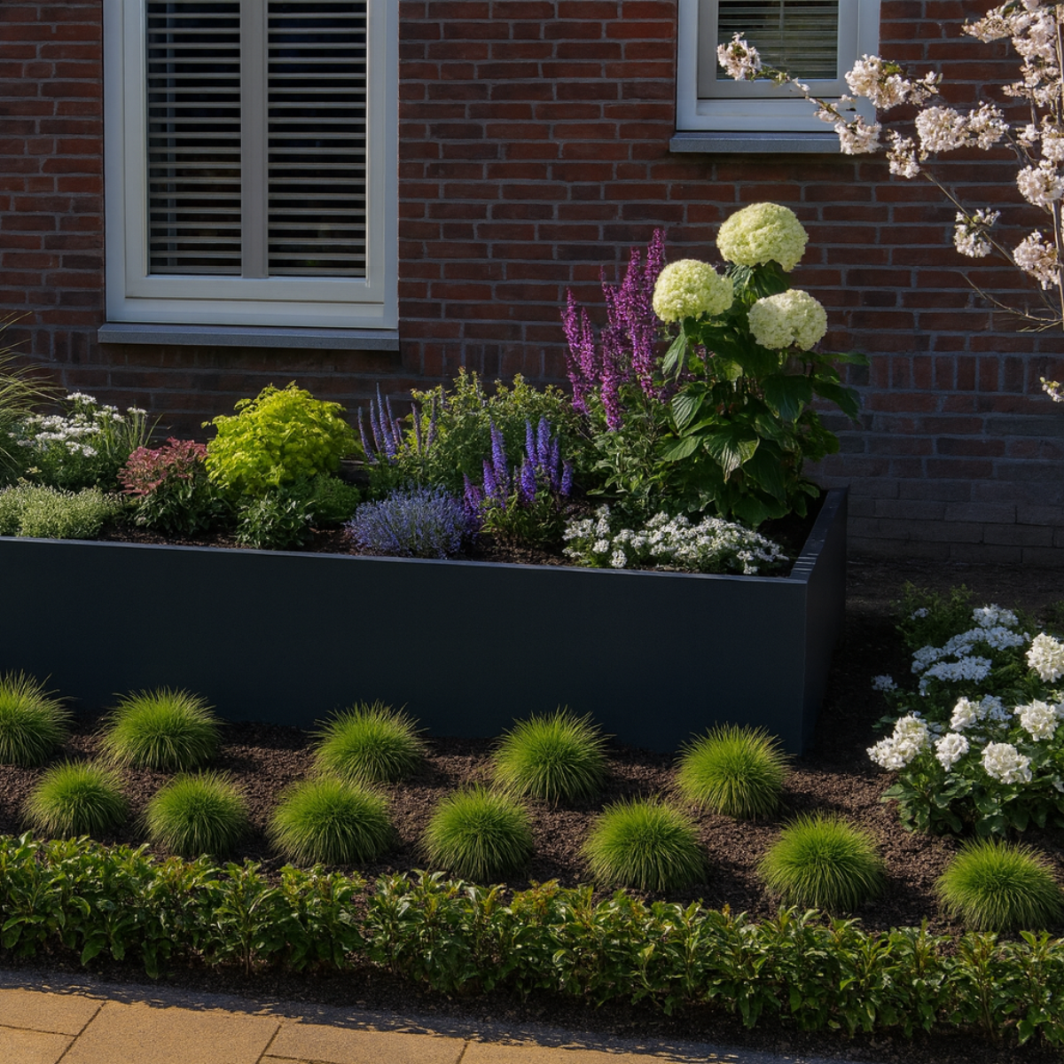 Grote zwarte plantenbak gevuld met lavendel en siergrassen in een moderne tuin.