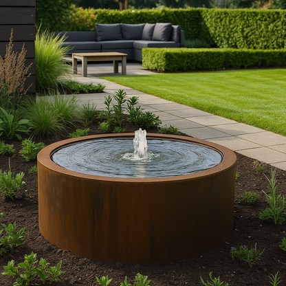 Watertafel van cortenstaal met een fontein in een sfeervolle tuin met beplanting en een gazon.