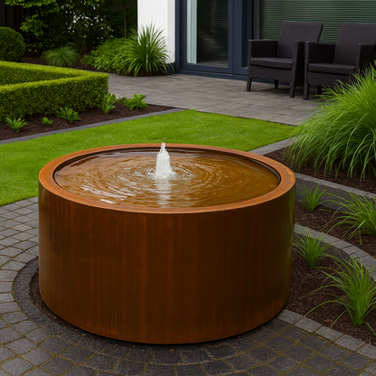 Watertafel van cortenstaal met een fontein in een sfeervolle tuin met een terras en siergrassen.
