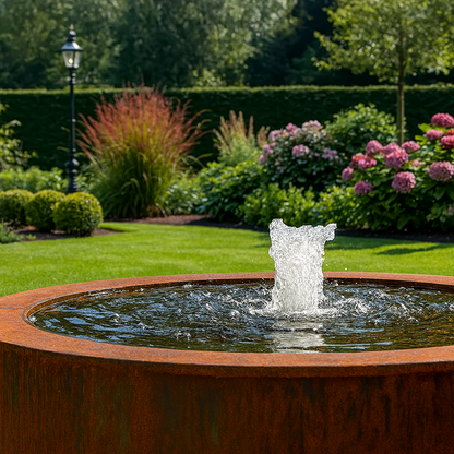 Een ronde watertafel van cortenstaal met een krachtige fontein in het midden, geplaatst in een bloemrijke tuin met hortensia's en siergrassen.