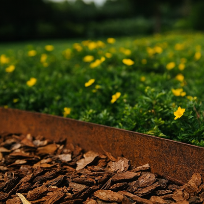 Een close-up van een cortenstalen plantenbak in een tuin, gevuld met groene planten en kleine gele bloemen, grenzend aan houtsnippers.