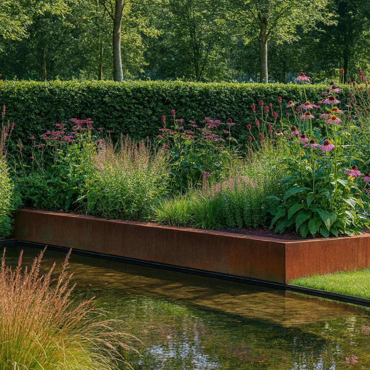 Cortenstalen plantenbak gevuld met siergrassen en gemengde beplanting, gelegen langs een waterpartij in een sfeervolle tuin.