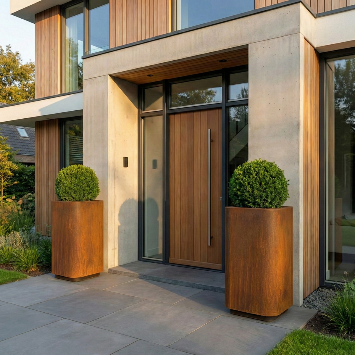 Stijlvolle entree met twee hoge cortenstaal plantenbakken met strakke buxus bollen, symmetrisch geplaatst bij de voordeur van een moderne woning.