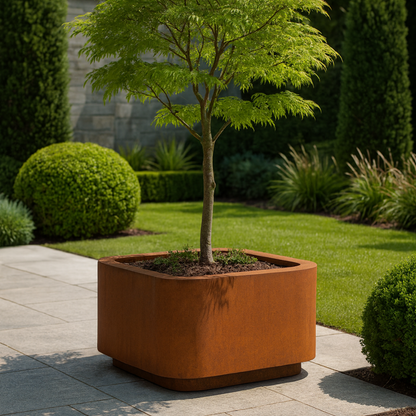 Een cortenstaal plantenbak gevuld met een kleine boom in een tuin.
