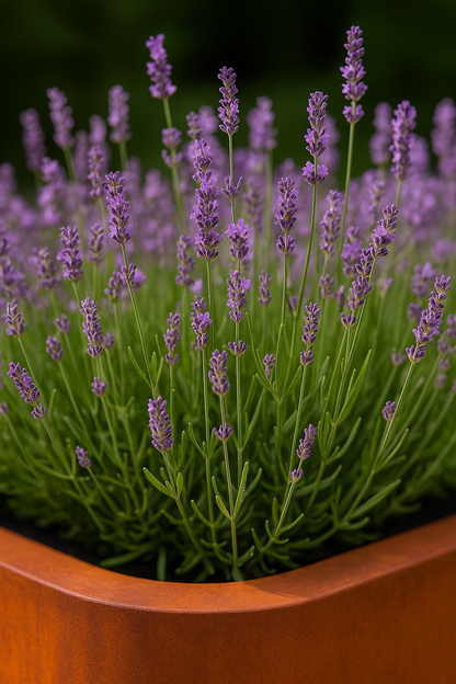 Een cortenstaal plantenbak gevuld met paarse lavendel in een tuin.