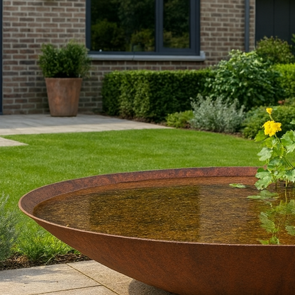 Een waterschaal van cortenstaal, gevuld met water en een gele bloem, staat op een terras in een sfeervolle tuin.