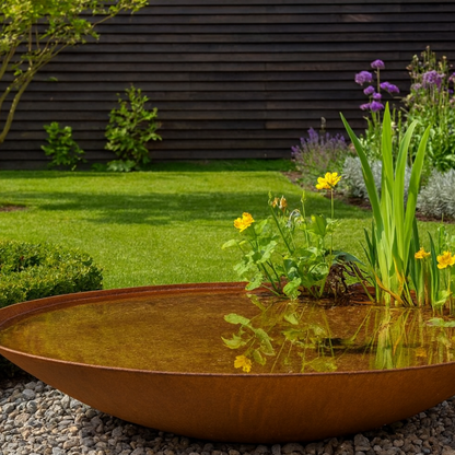 Waterschaal van cortenstaal gevuld met water en beplant met waterplanten en gele bloemen in een sfeervolle tuin met grind.