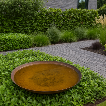 Een ronde waterschaal van cortenstaal gevuld met water staat op bodembedekkers in een sfeervolle tuin met siergrassen.