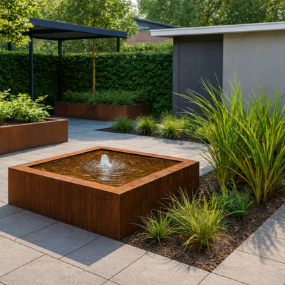 Een vierkante watertafel van cortenstaal met een werkende fontein in een modern vormgegeven tuin met stenen bestrating, omgeven door siergrassen.