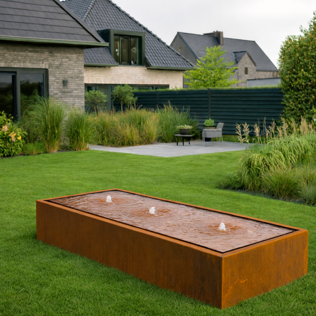 Een moderne, rechthoekige watertafel van cortenstaal met drie kleine fonteintjes in een strak vormgegeven groene tuin.