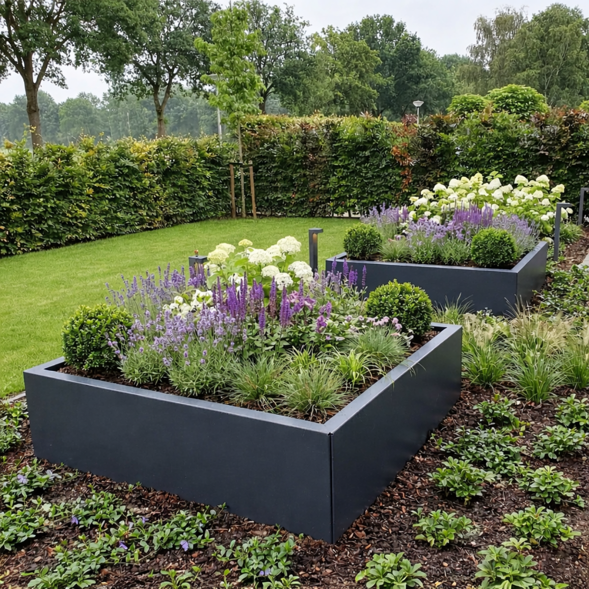 Twee grote antracietkleurige rechthoekige plantenbakken gevuld met paarse bloemen witte hortensia's en groene bollen in een verzorgde tuin met een gazon en een haag.