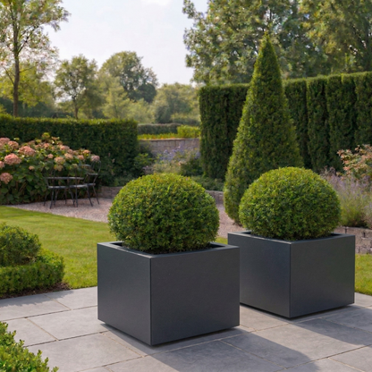 Twee antracietgrijze vierkante plantenbakken met grote groene bollen op een modern betegeld terras in een strakke tuin.