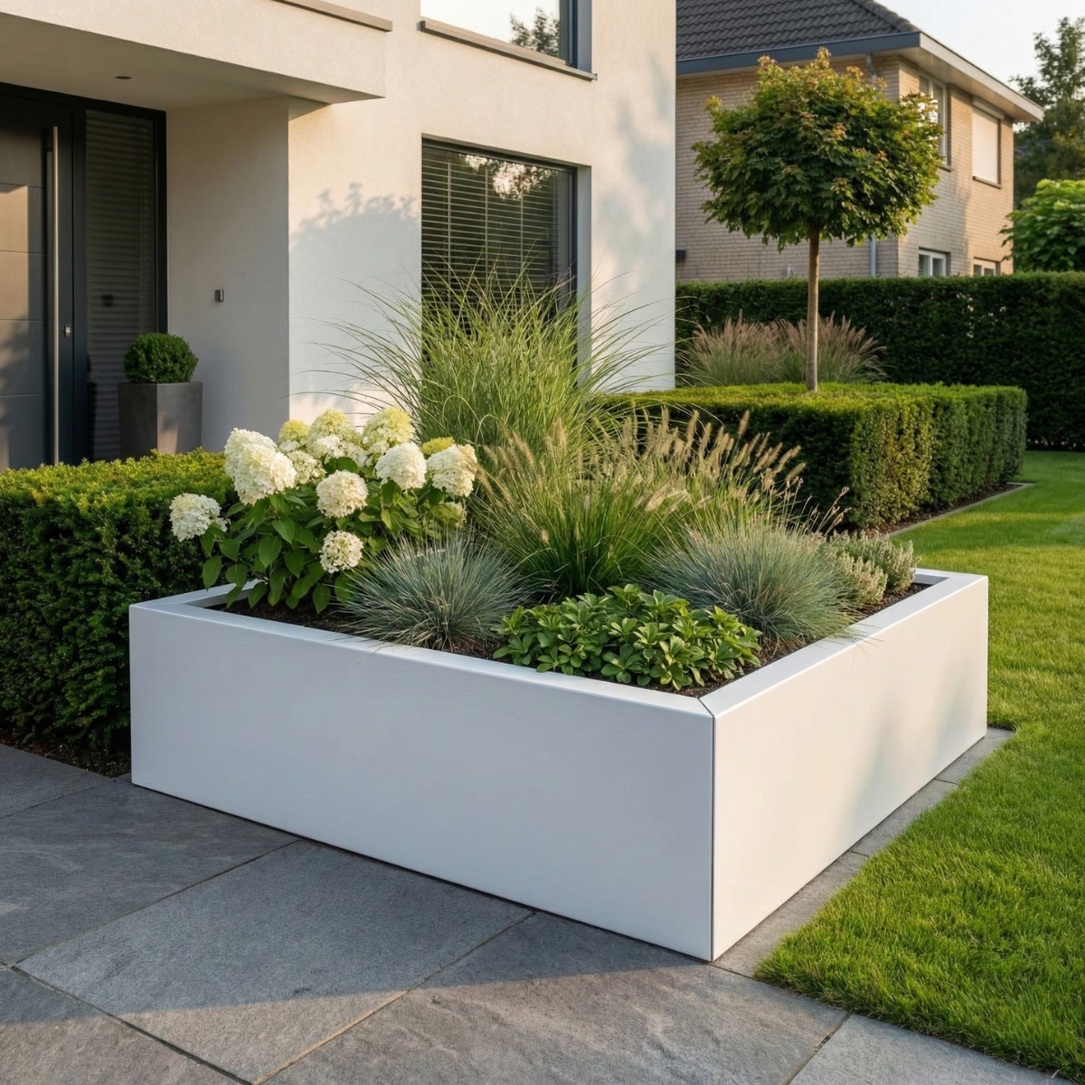 Grote witte vierkante plantenbak gevuld met witte hortensia's en diverse siergrassen in een moderne voortuin.