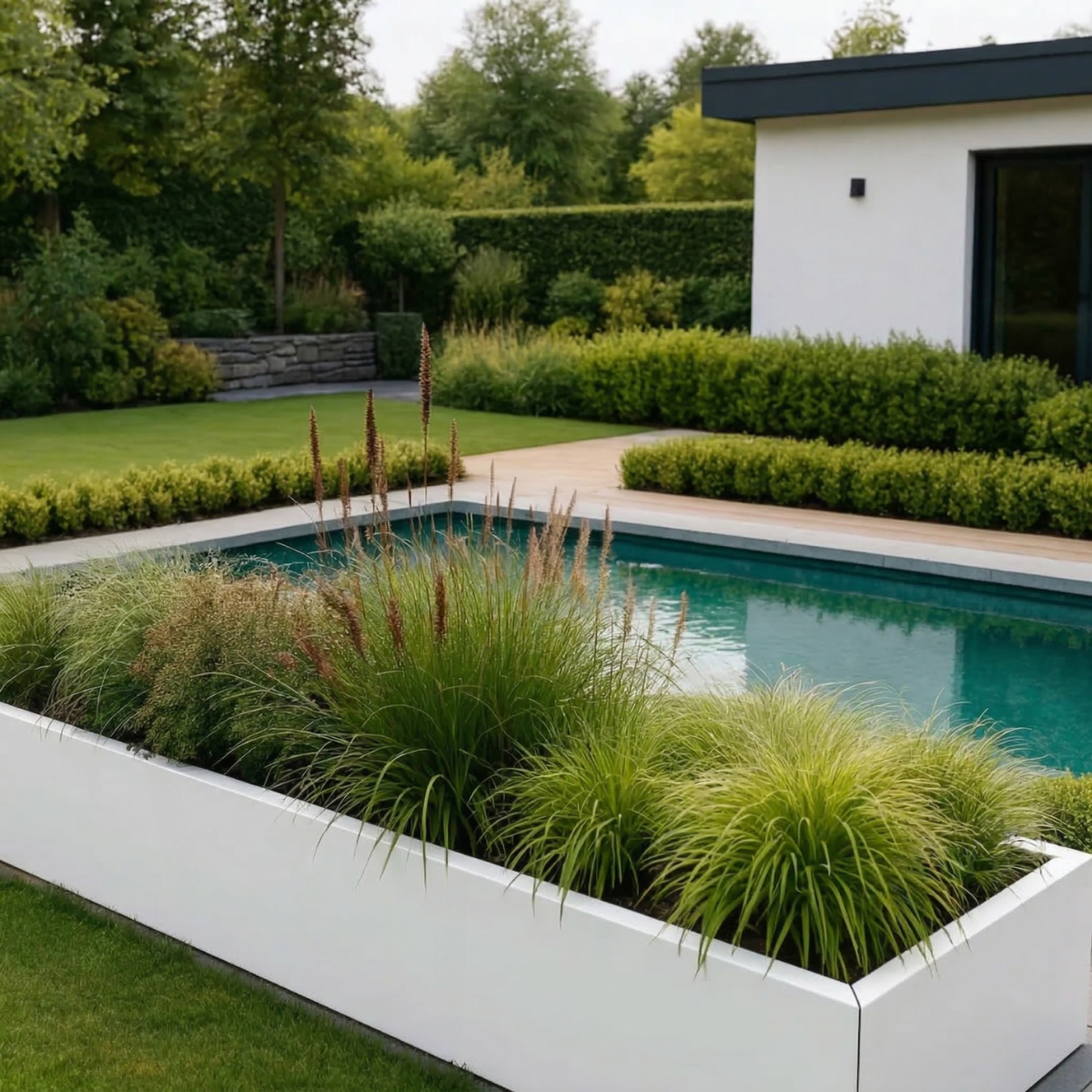 Grote witte plantenbak gevuld met siergrassen geplaatst langs een zwembad in een strakke moderne tuin.
