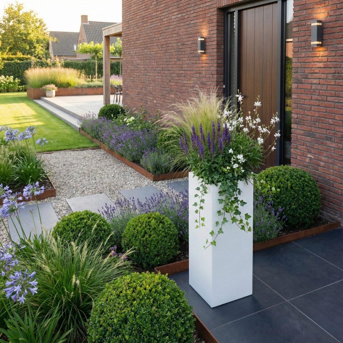 Hoge witte rechthoekige plantenbak gevuld met siergrassen, paarse bloemen en hangende klimop bij een moderne entree met rode bakstenen en cortenstalen borders.