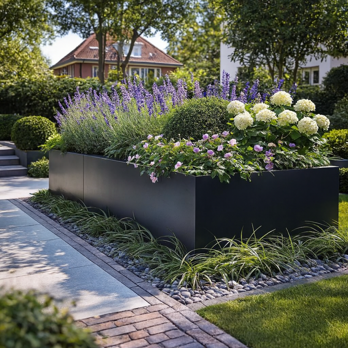Lage donkergrijze rechthoekige plantenbak rijkelijk gevuld met paarse salvia, witte hortensia's, roze geraniums en buxusbollen langs een tuinpad met siergrind.