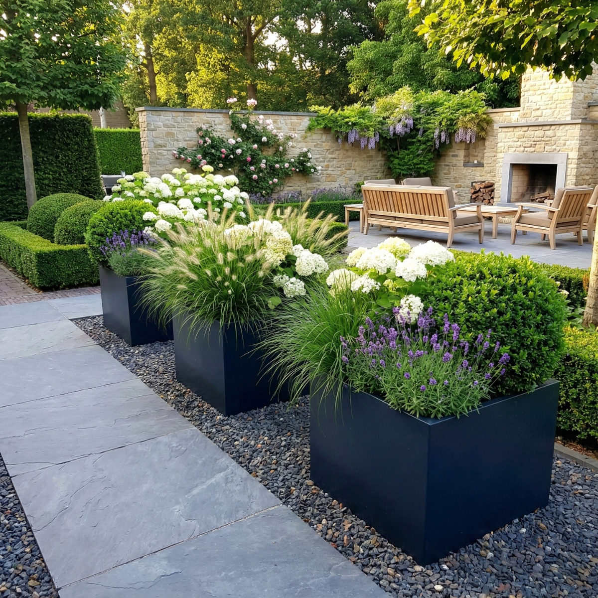 Drie donkergrijze vierkante plantenbakken ritmisch geplaatst langs een tuinpad, sfeervol gevuld met siergrassen, witte hortensia's, buxusbollen en paarse lavendel in een luxe tuin met buitenhaard.
